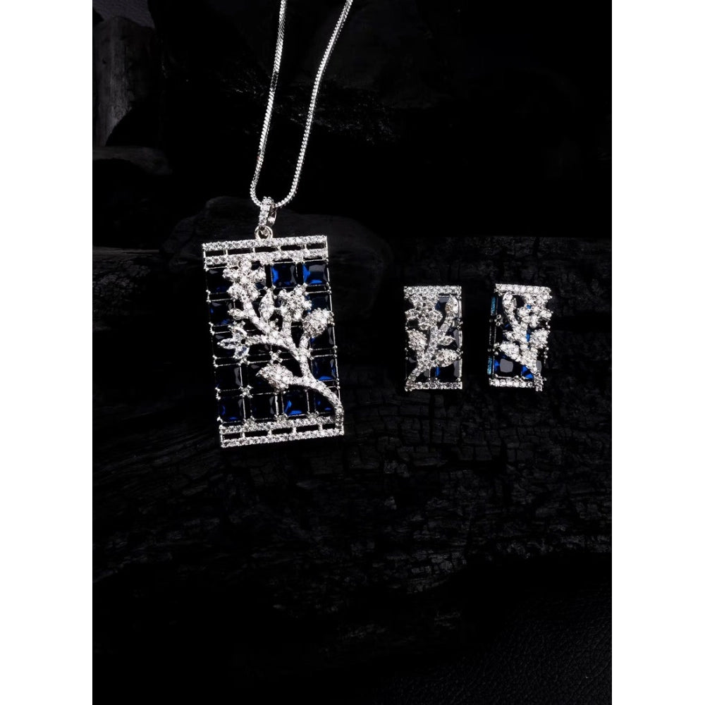 Vaystra Handcrafted Brass Silver Plated Pendant Set - Blue, Edition