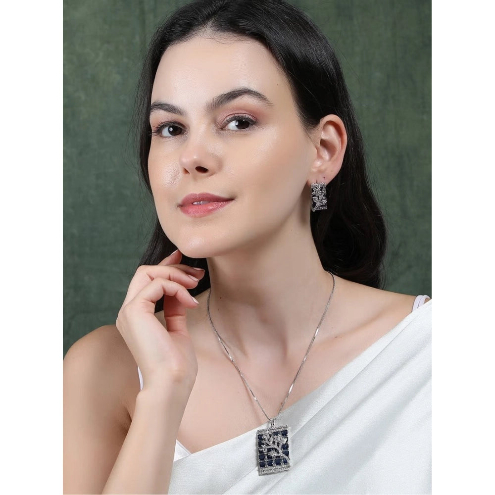 Vaystra Handcrafted Brass Silver Plated Pendant Set - Blue, Edition
