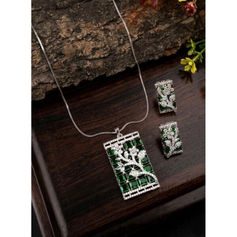 Vaystra Brass Silver Plated Pendant Set - Green,