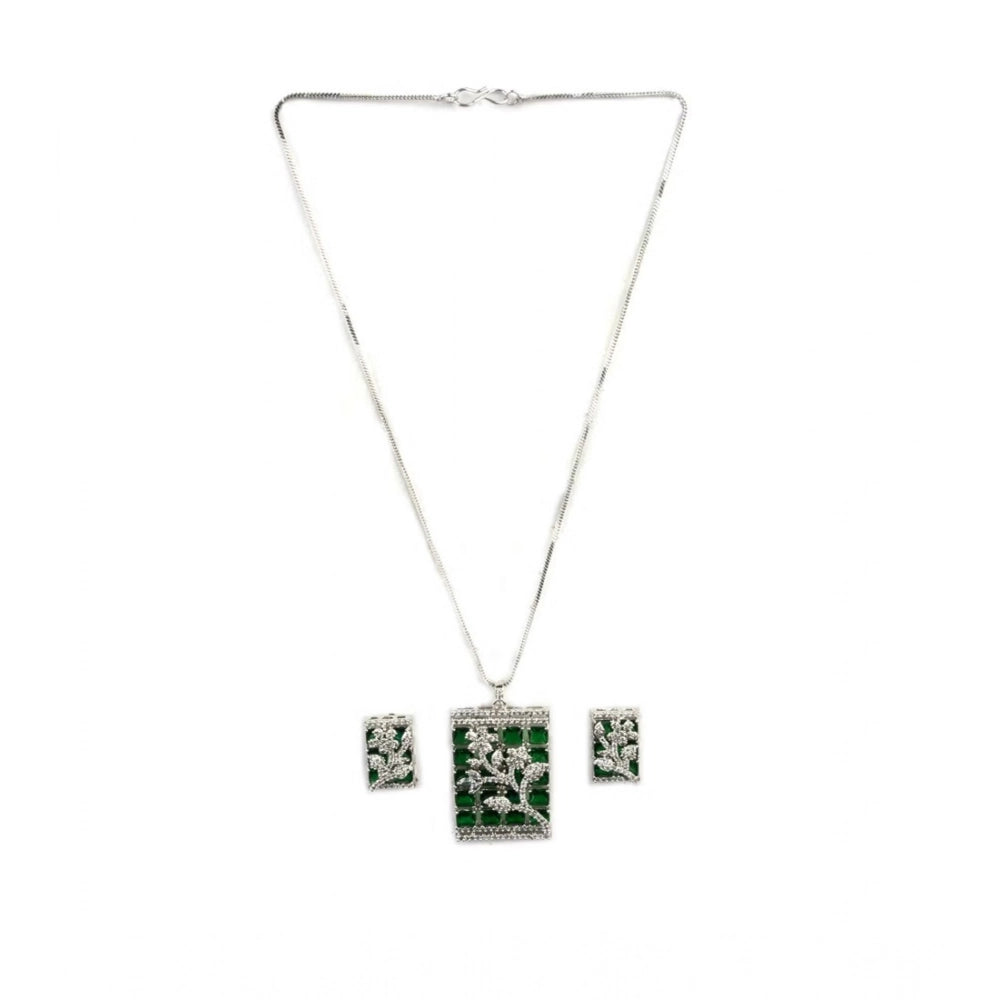 Vaystra Brass Silver Plated Pendant Set - Green,