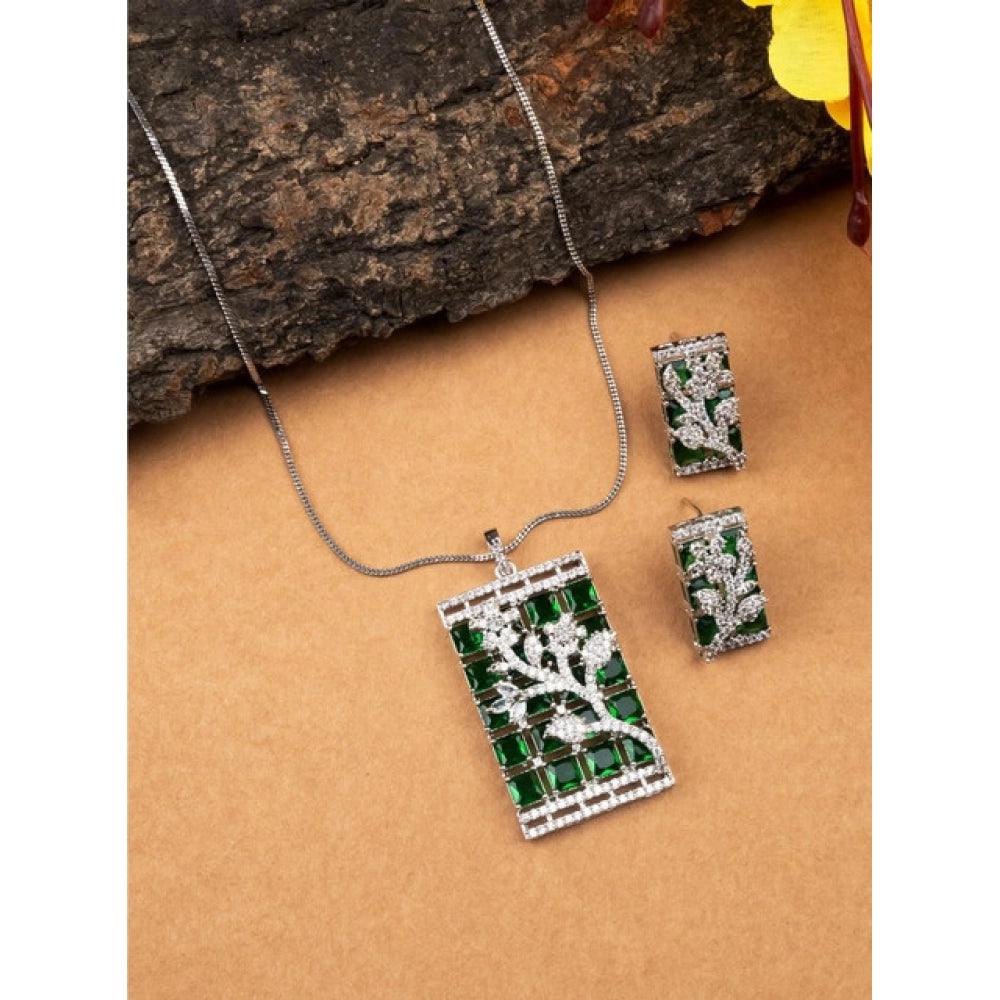 Vaystra Brass Silver Plated Pendant Set - Green,