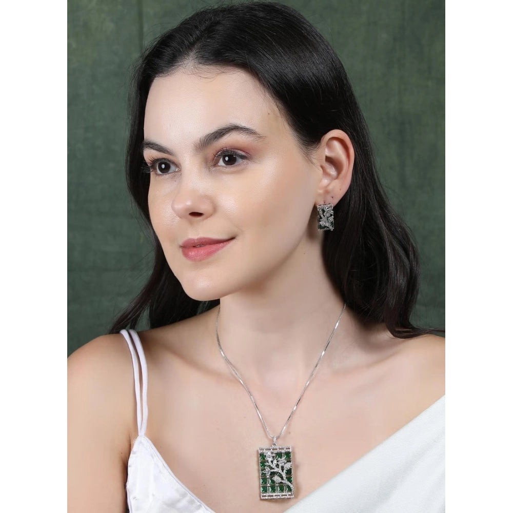Vaystra Brass Silver Plated Pendant Set - Green,