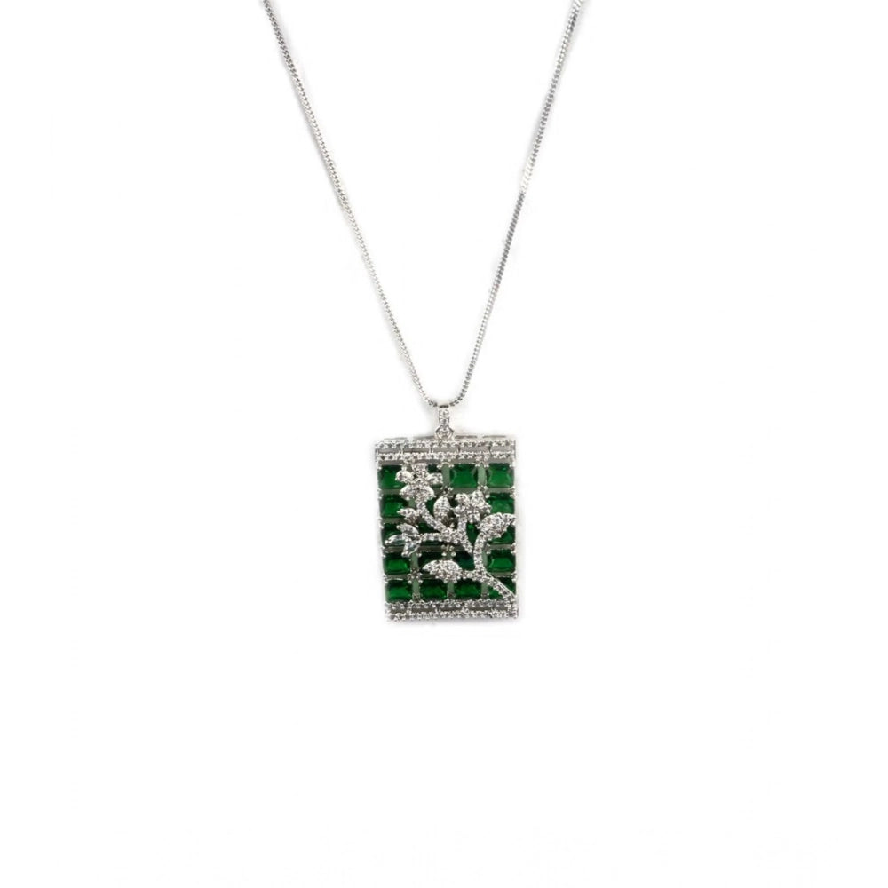 Vaystra Brass Silver Plated Pendant Set - Green,