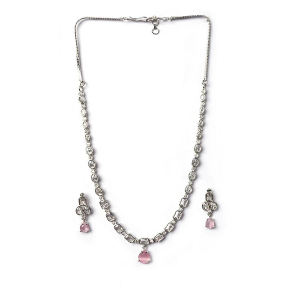 Vaystra Brass Silver Plated Necklace set - Pink,