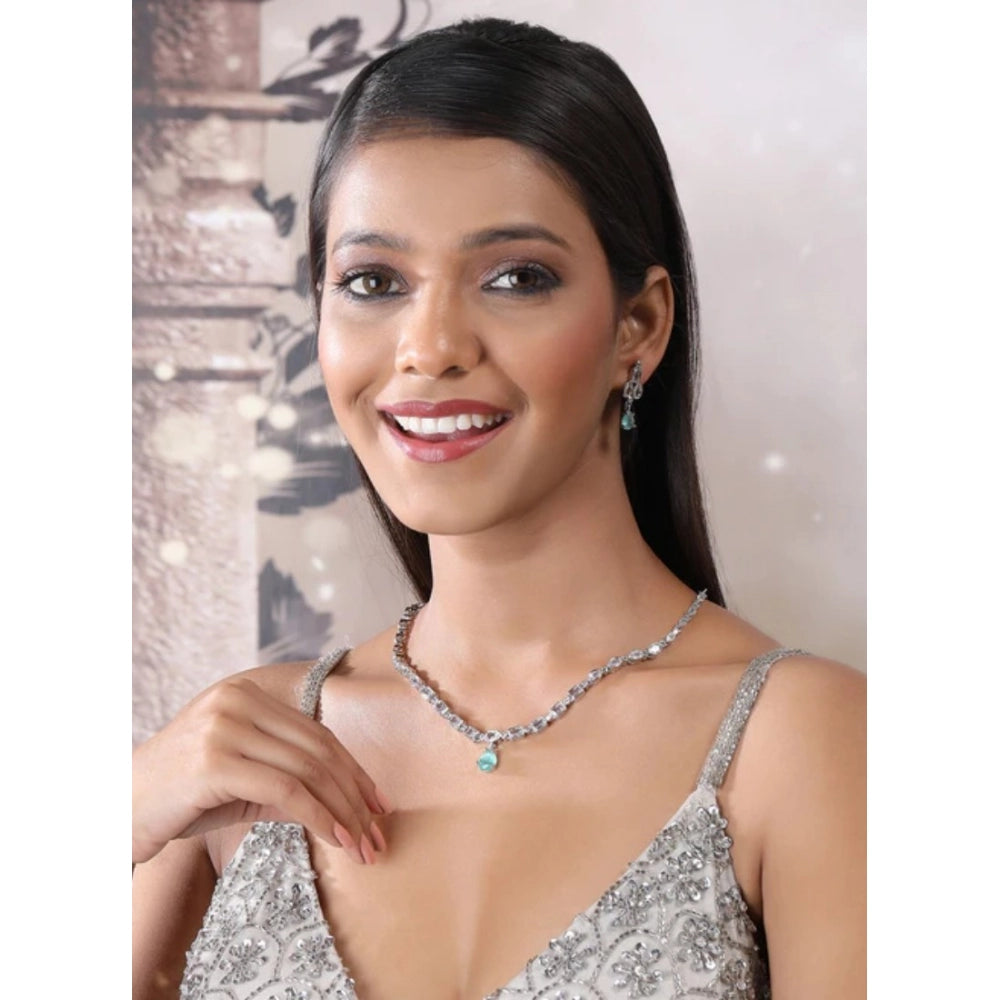 Vaystra Handcrafted Brass Silver Plated Necklace set - Turquoise, Edition