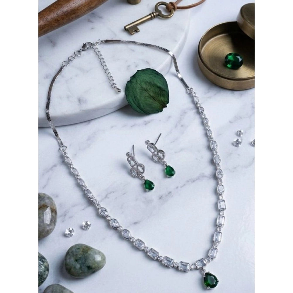 Vaystra Brass Silver Plated Necklace set - Green,