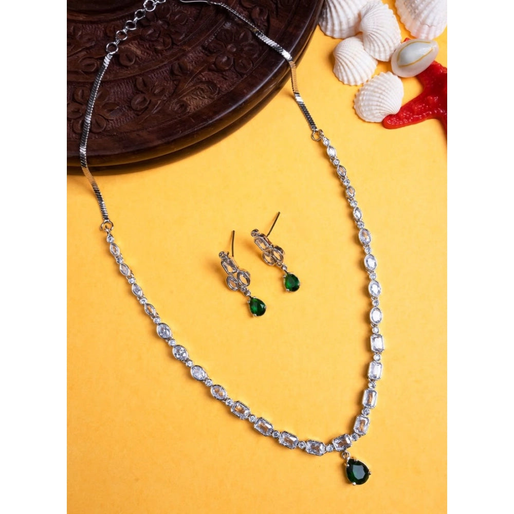Vaystra Brass Silver Plated Necklace set - Green,