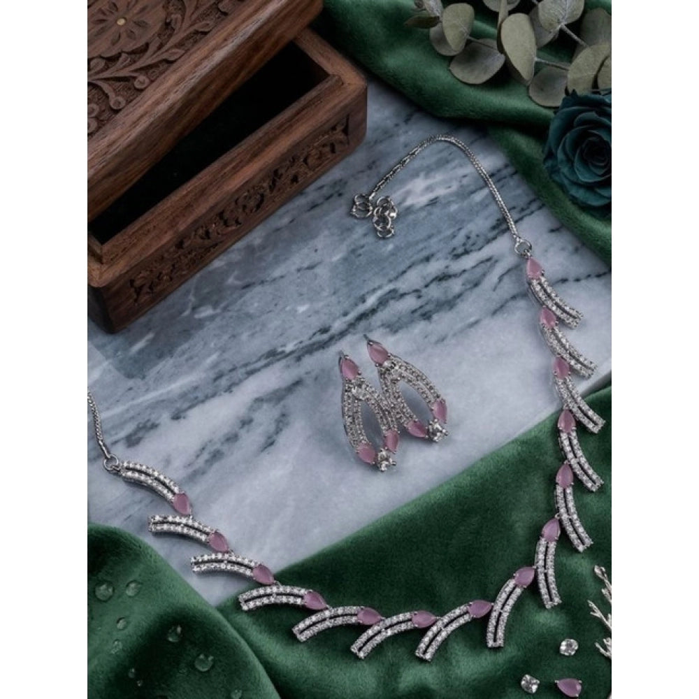 Vaystra Brass Silver Plated Necklace set - Pink,