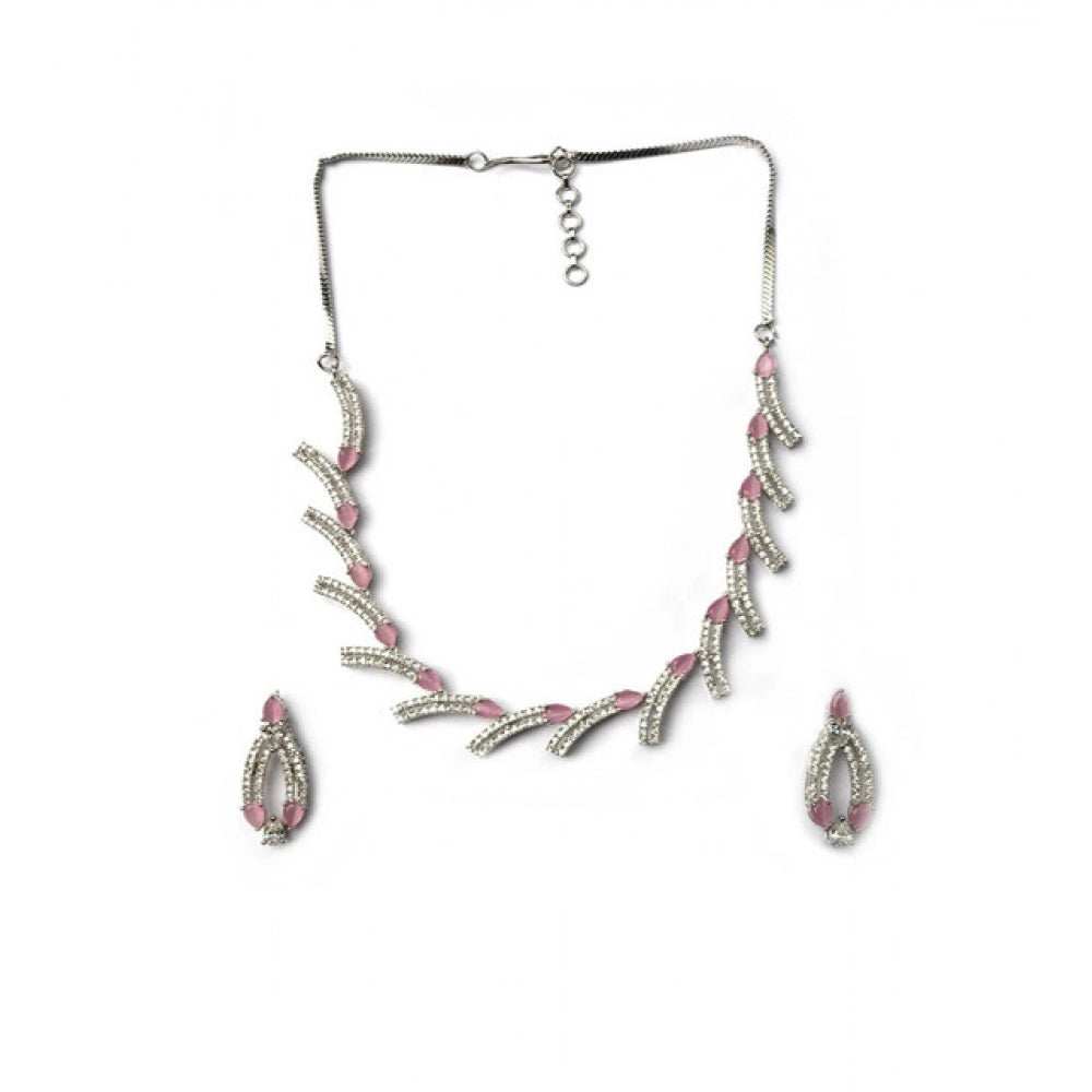 Vaystra Brass Silver Plated Necklace set - Pink,