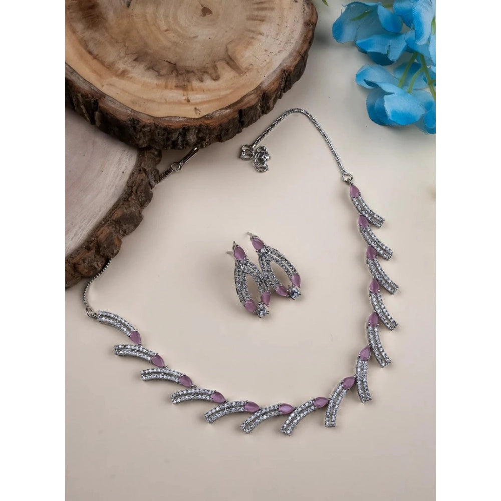 Vaystra Brass Silver Plated Necklace set - Pink,