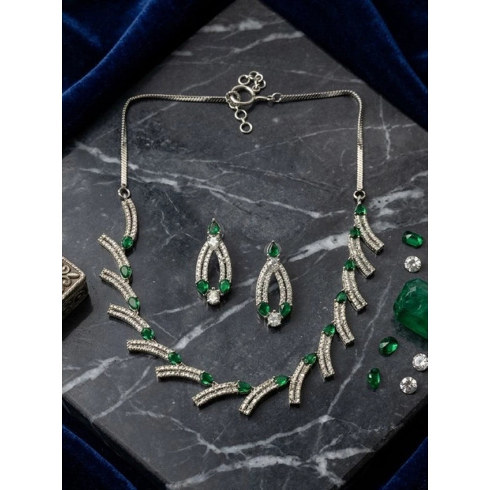 Vaystra Gold Plated Brass Silver Plated Necklace set in Green,