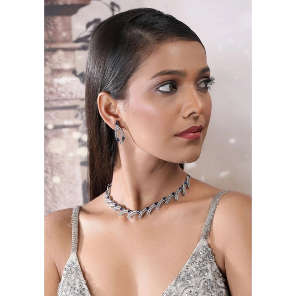 Vaystra Gold Plated Brass Silver Plated Necklace set in Blue,