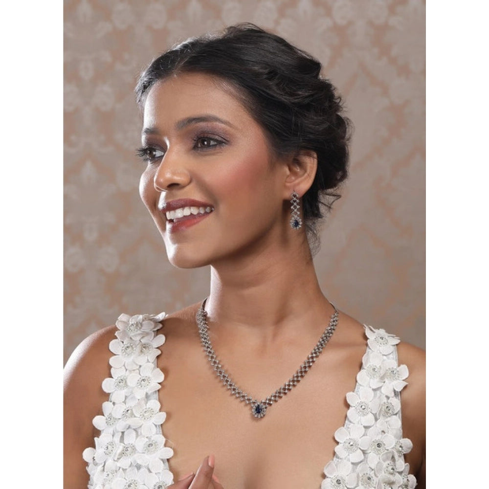 Vaystra Handcrafted Brass Silver Plated Necklace set - Blue, Edition