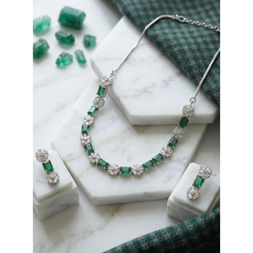Vaystra Handcrafted Brass Silver Plated Necklace set - Green, Edition
