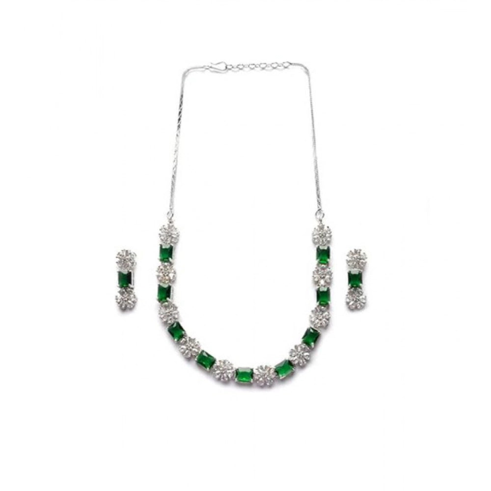 Vaystra Handcrafted Brass Silver Plated Necklace set - Green, Edition