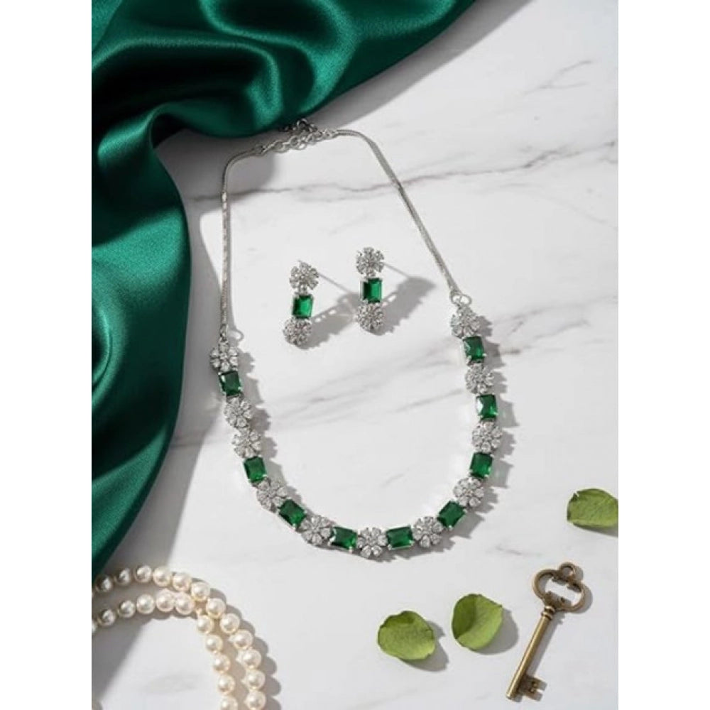 Vaystra Handcrafted Brass Silver Plated Necklace set - Green, Edition