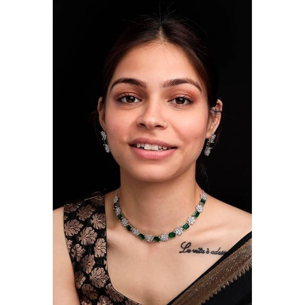 Vaystra Handcrafted Brass Silver Plated Necklace set - Green, Edition