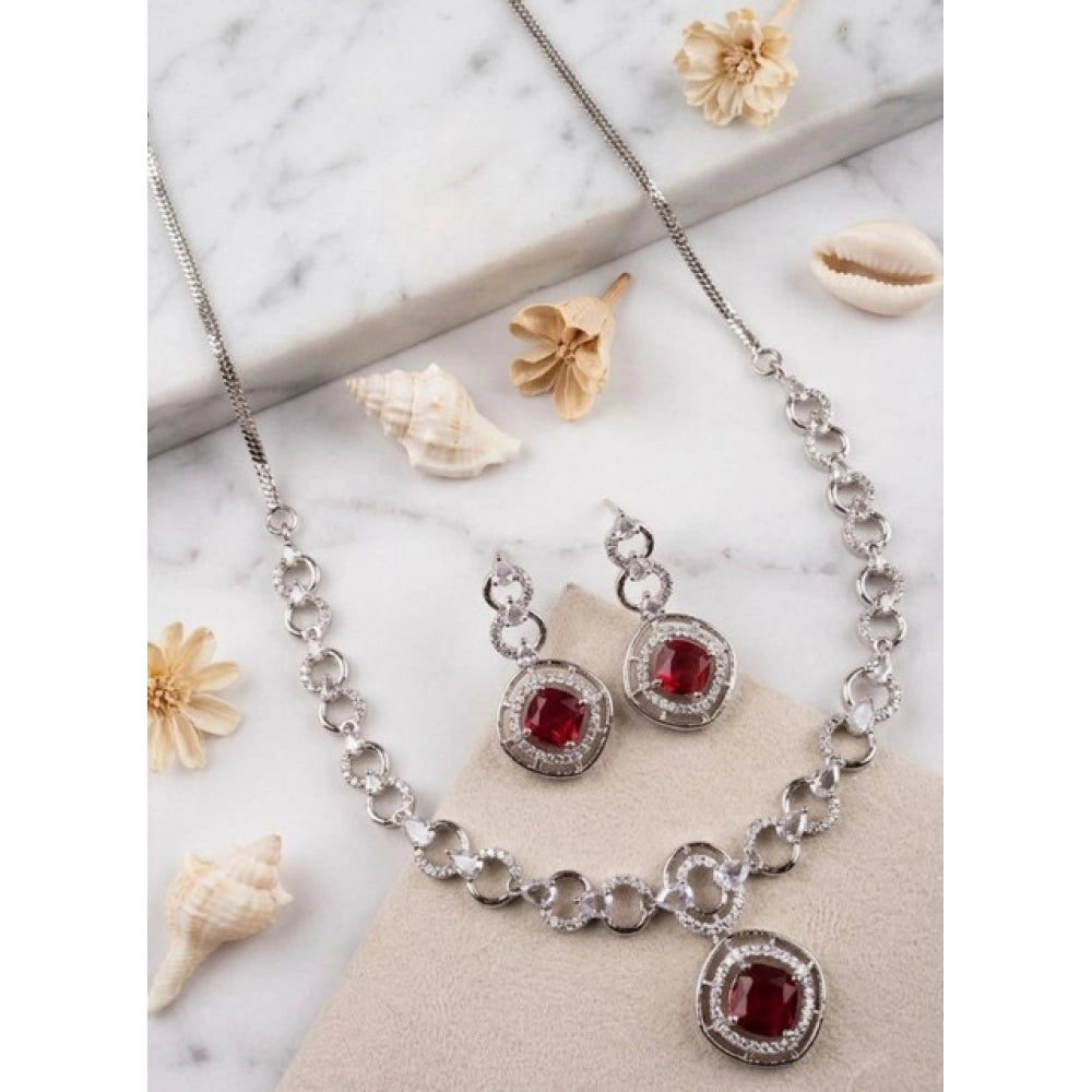 Vaystra Handcrafted Brass Silver Plated Necklace set - Red, Edition