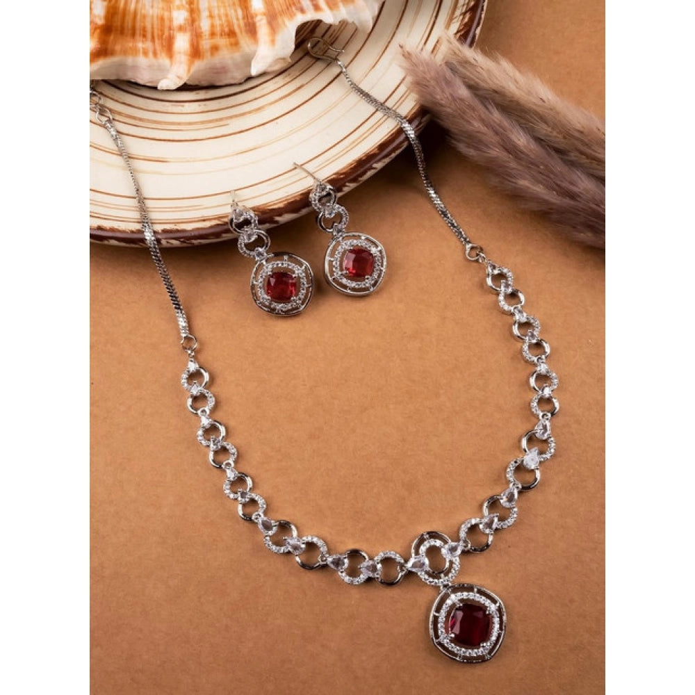 Vaystra Handcrafted Brass Silver Plated Necklace set - Red, Edition