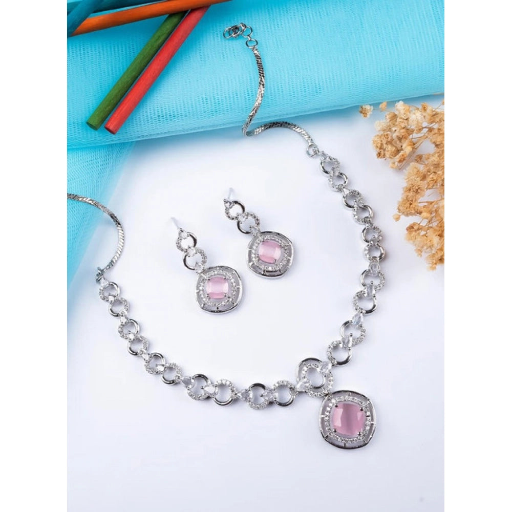 Vaystra Gold Plated Brass Silver Plated Necklace set in Pink,