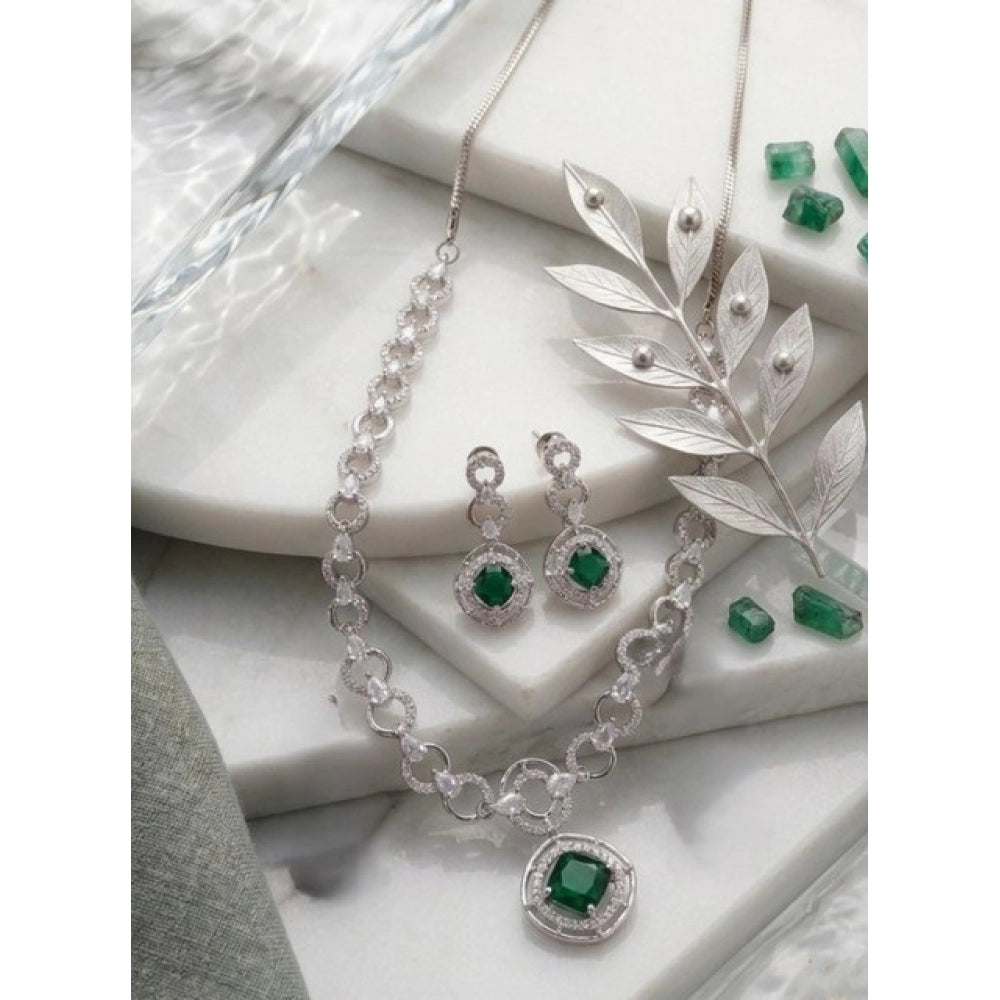 Vaystra Brass Silver Plated Necklace set - Green,