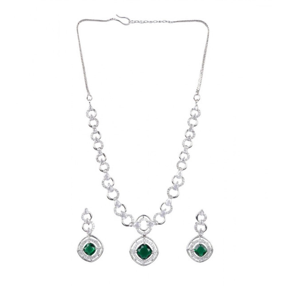 Vaystra Brass Silver Plated Necklace set - Green,
