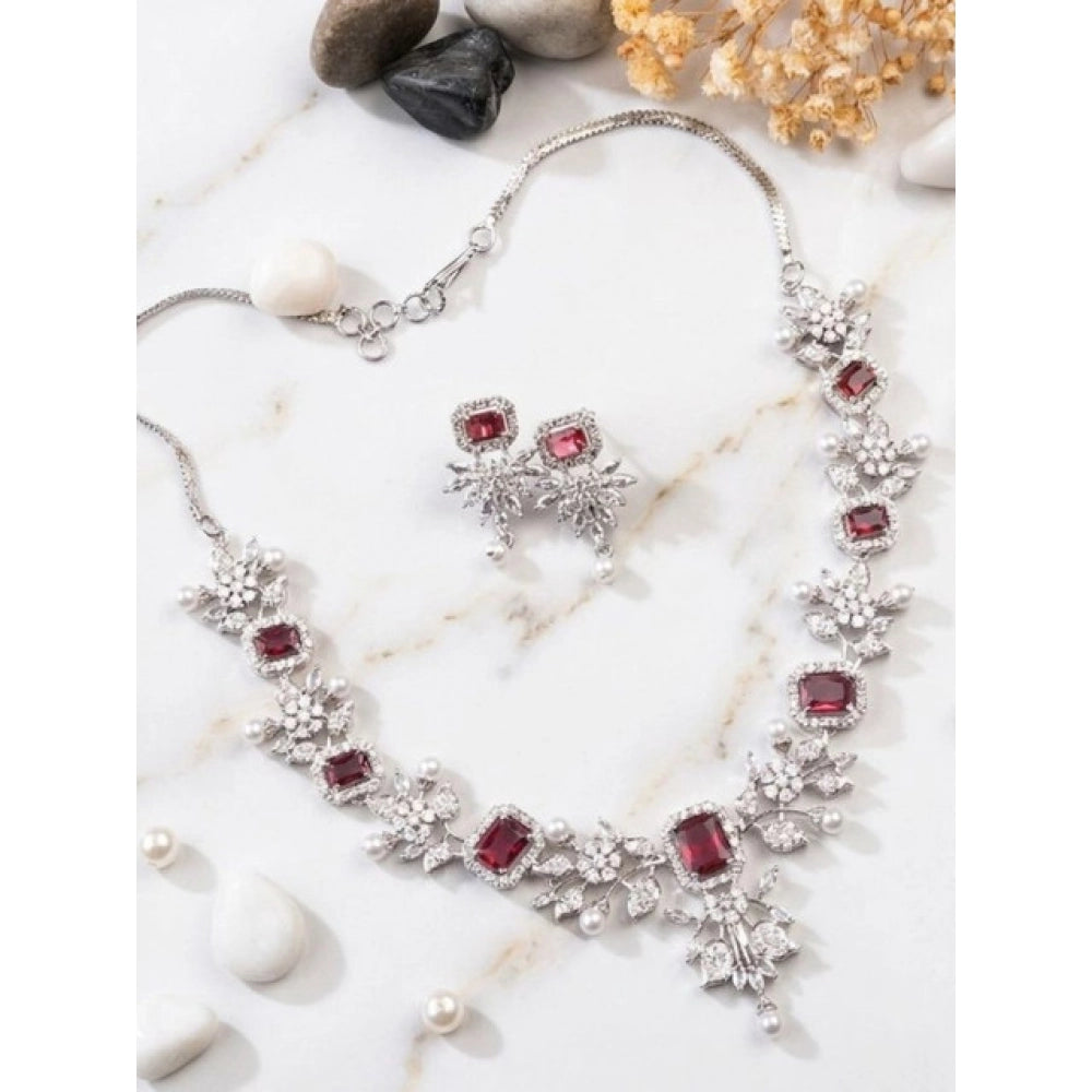 Vaystra Handcrafted Brass Silver Plated Necklace set - Red, Edition