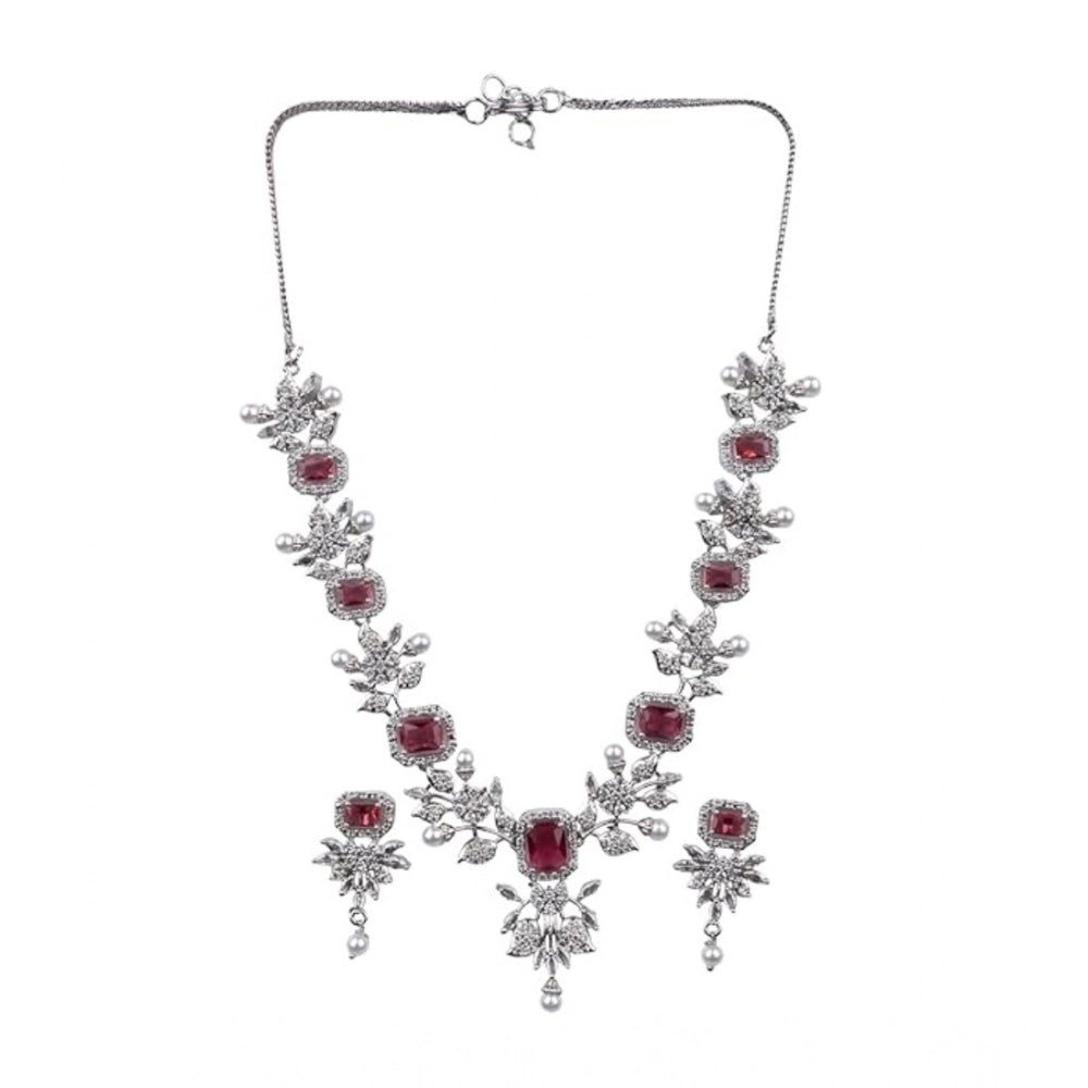 Vaystra Handcrafted Brass Silver Plated Necklace set - Red, Edition