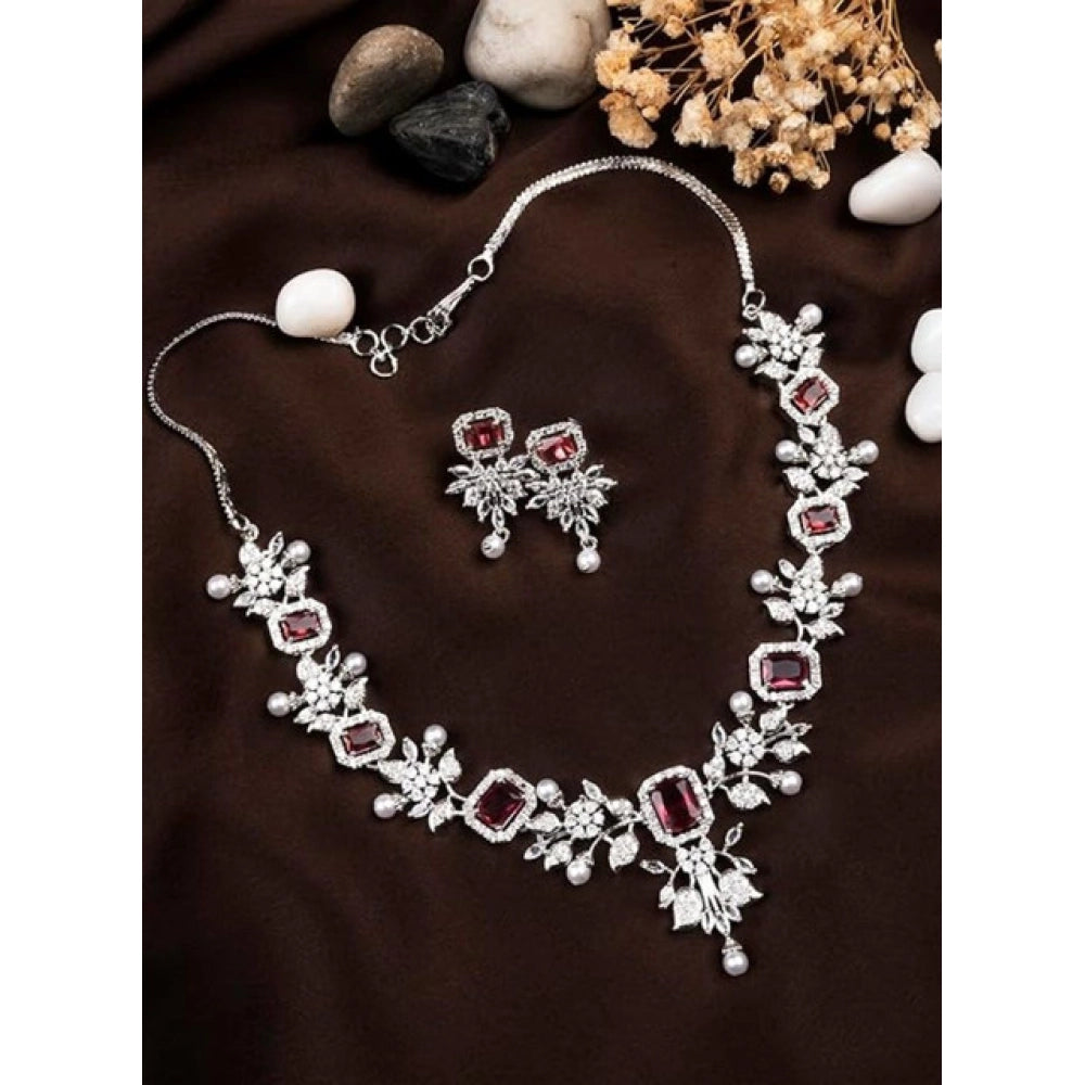 Vaystra Handcrafted Brass Silver Plated Necklace set - Red, Edition