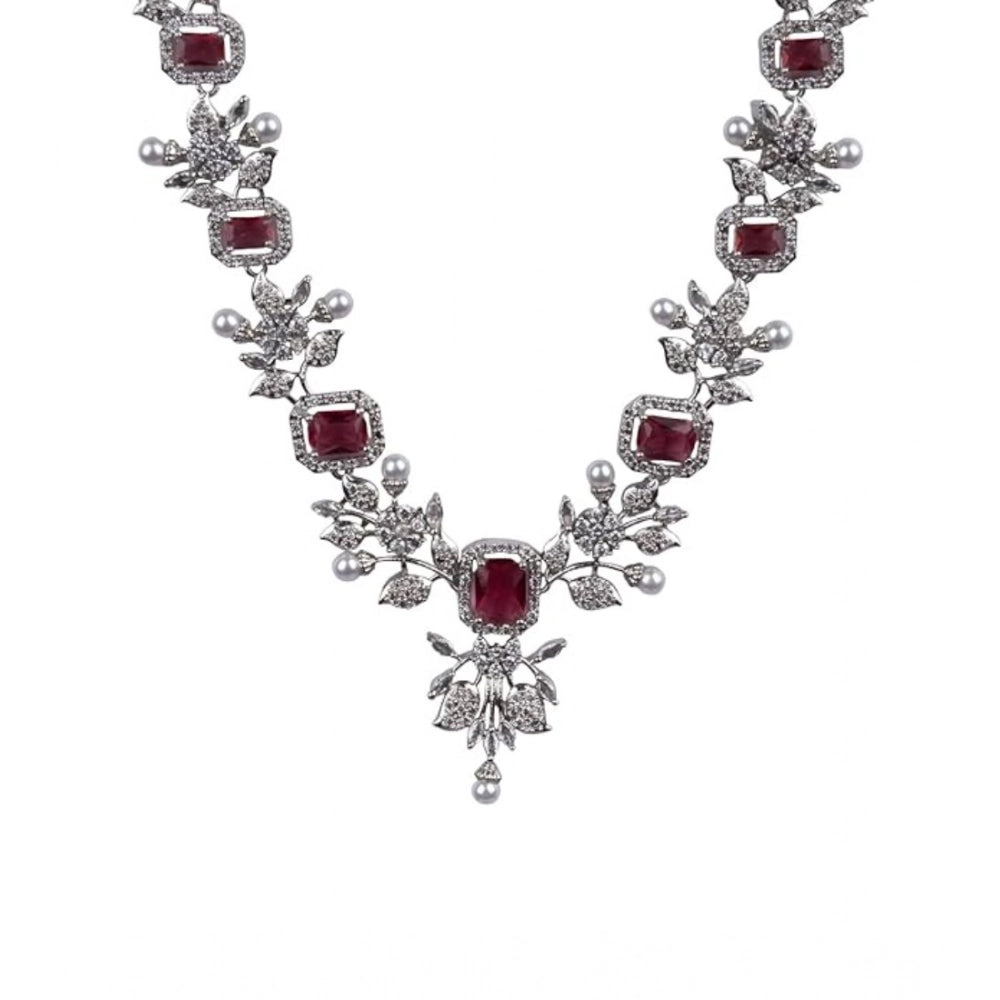 Vaystra Handcrafted Brass Silver Plated Necklace set - Red, Edition