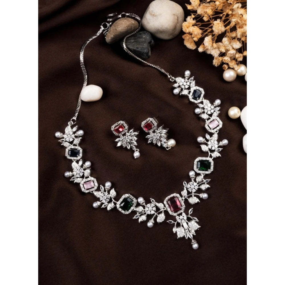 Vaystra Handcrafted Brass Silver Plated Necklace set - Multicolor, Edition