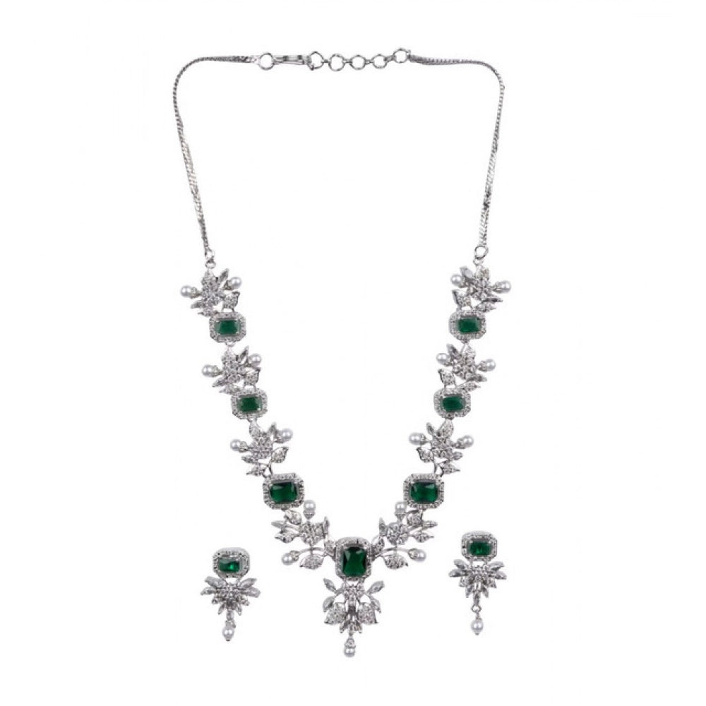 Vaystra Brass Silver Plated Necklace set - Green,