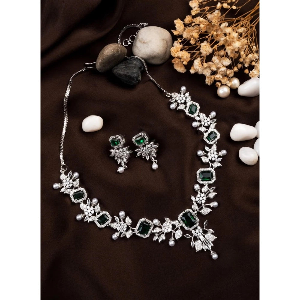 Vaystra Brass Silver Plated Necklace set - Green,