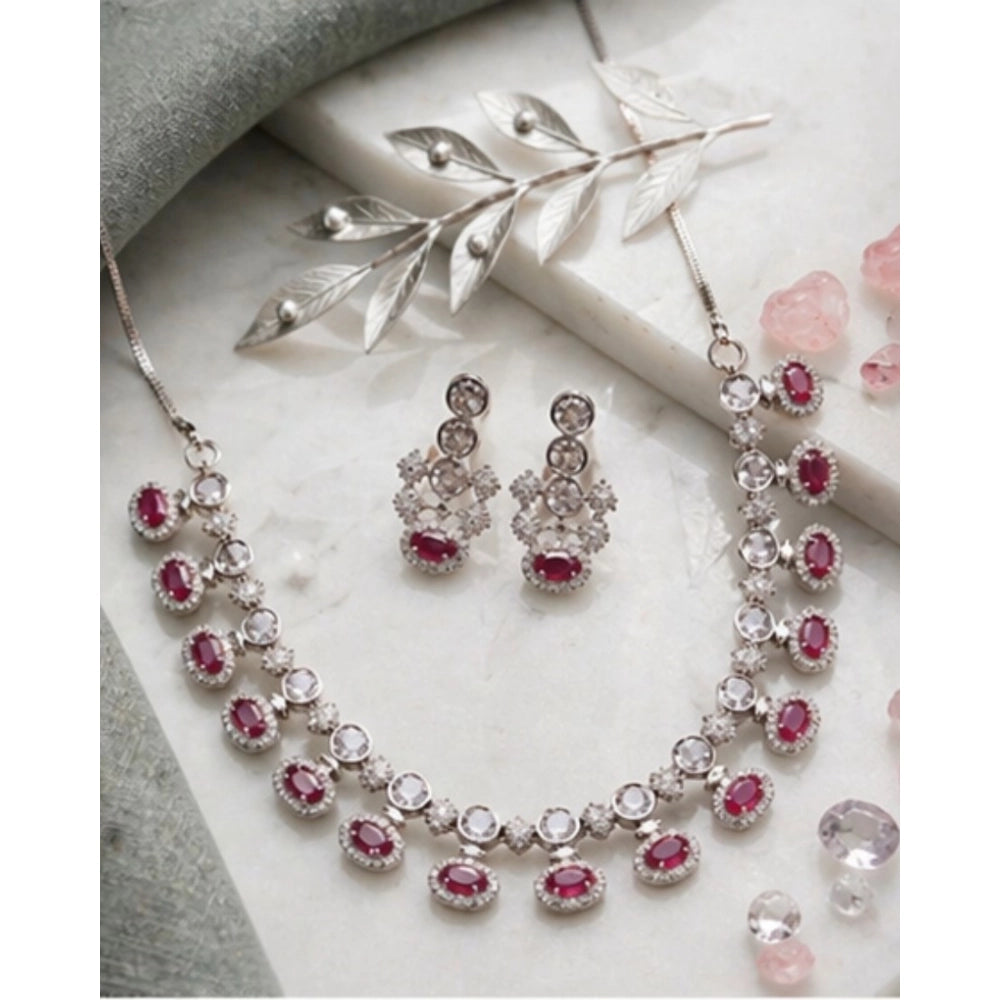Vaystra Gold Plated Brass Silver Plated Necklace set in Pink,