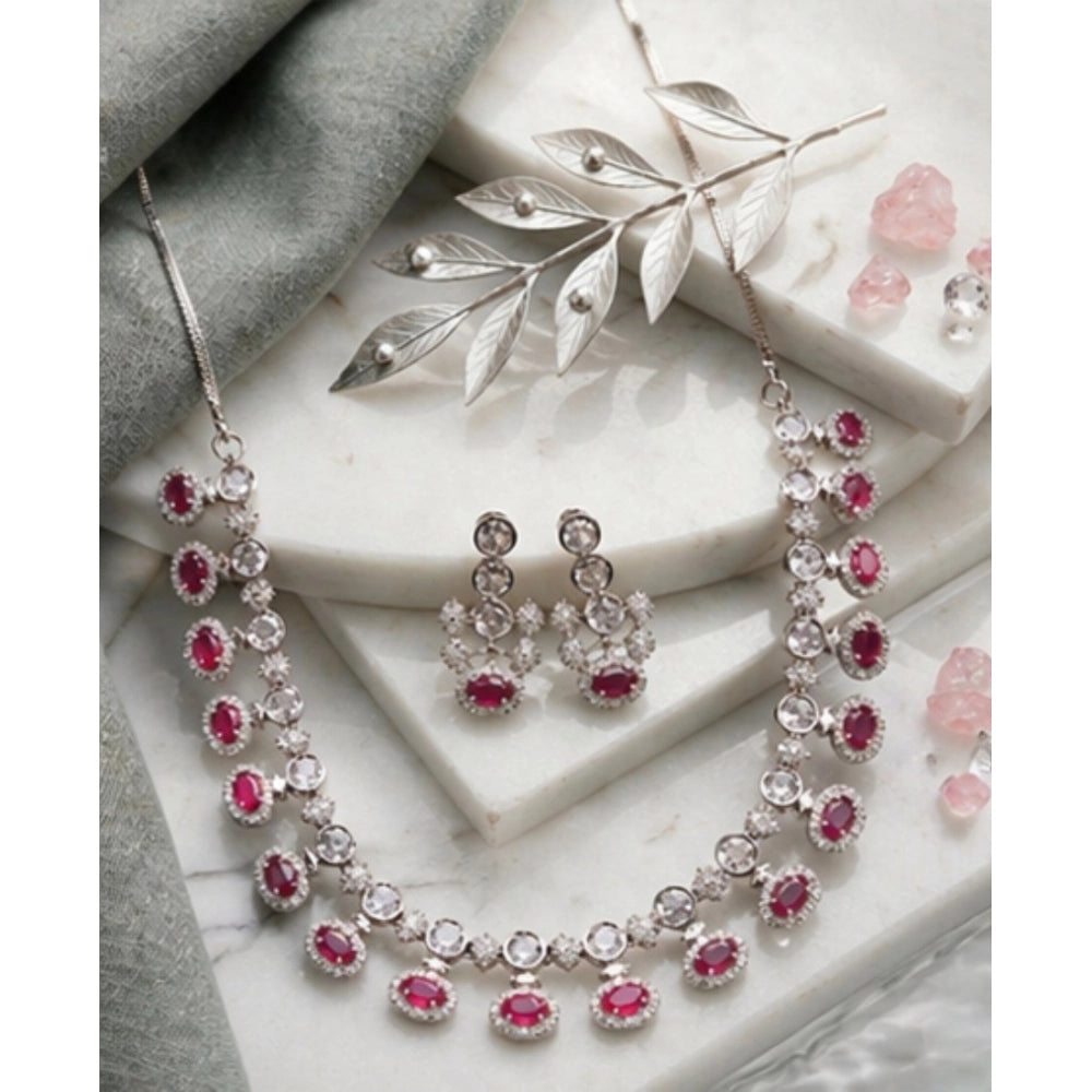 Vaystra Gold Plated Brass Silver Plated Necklace set in Pink,