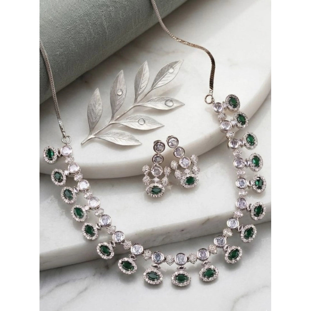 Vaystra Brass Silver Plated Necklace set - Green,