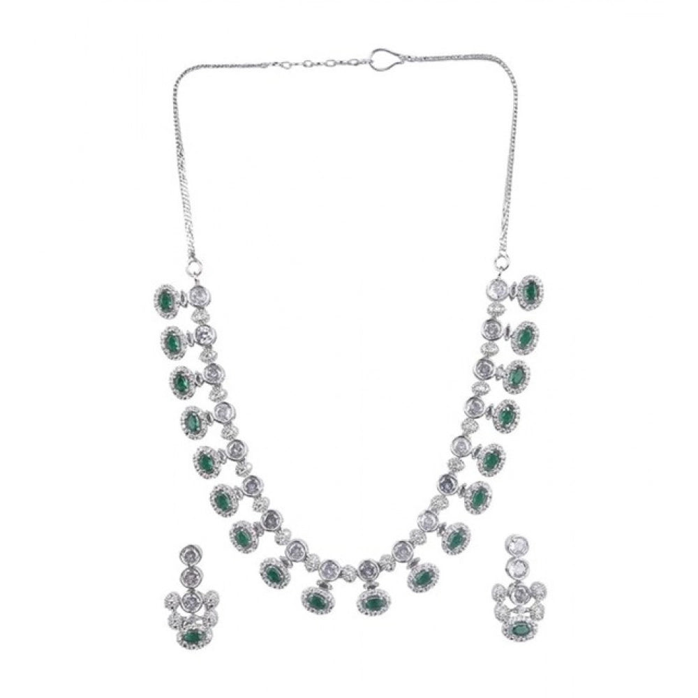 Vaystra Brass Silver Plated Necklace set - Green,