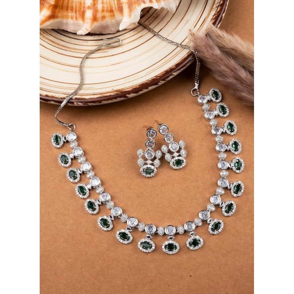 Vaystra Brass Silver Plated Necklace set - Green,