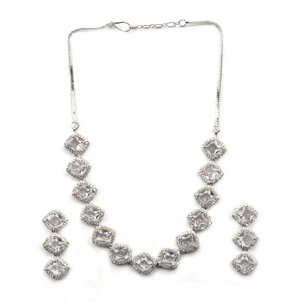 Vaystra Brass Silver Plated Necklace set - White,