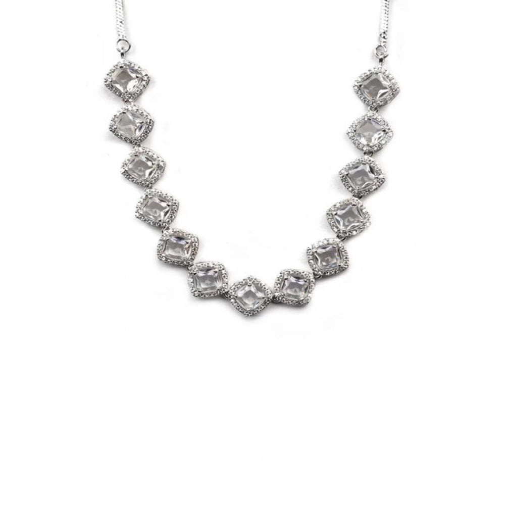 Vaystra Brass Silver Plated Necklace set - White,