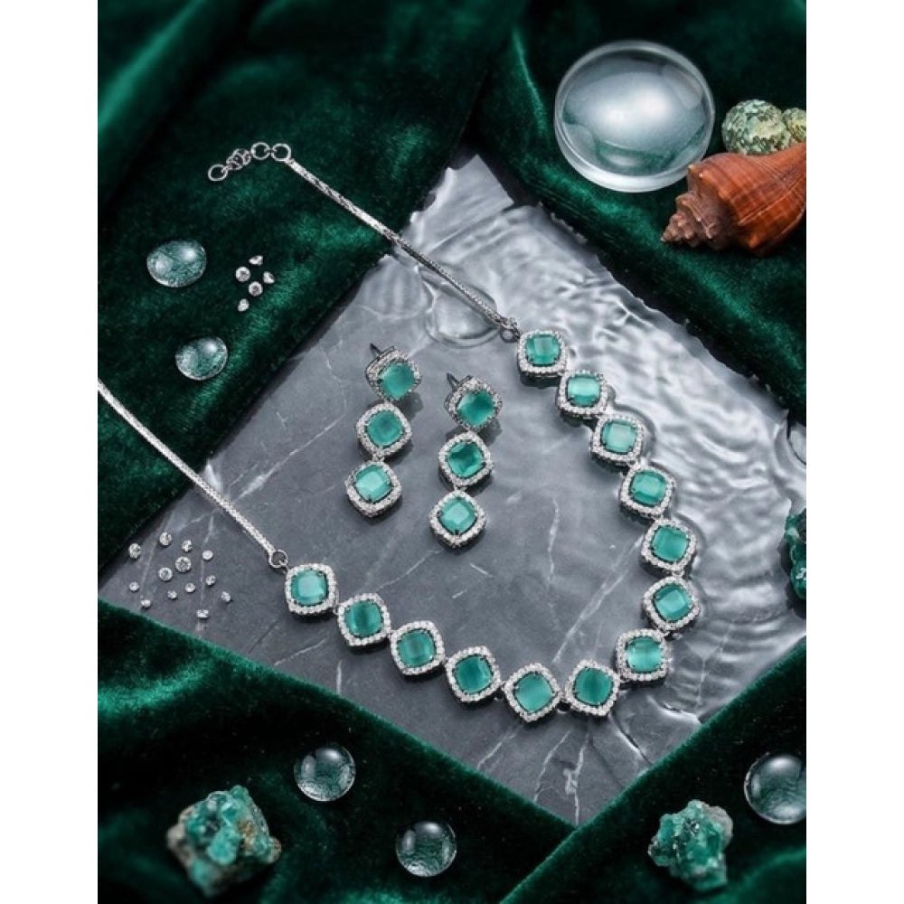 Vaystra Handcrafted Brass Silver Plated Necklace set - Turquoise, Edition