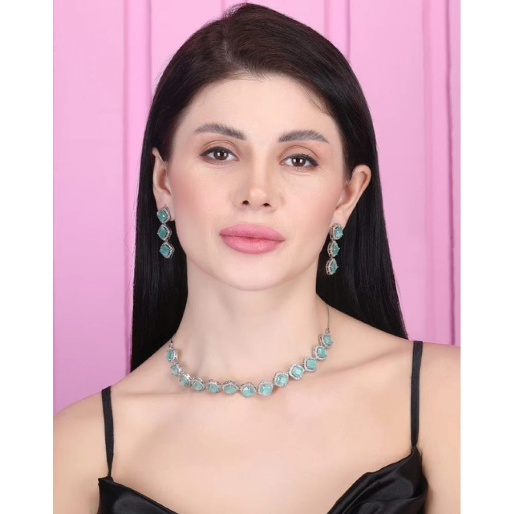 Vaystra Handcrafted Brass Silver Plated Necklace set - Turquoise, Edition