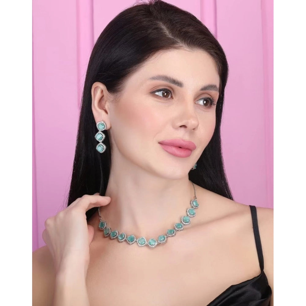 Vaystra Handcrafted Brass Silver Plated Necklace set - Turquoise, Edition