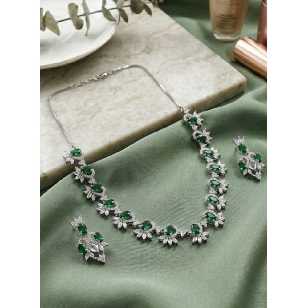 Vaystra Brass Silver Plated Necklace set - Green,