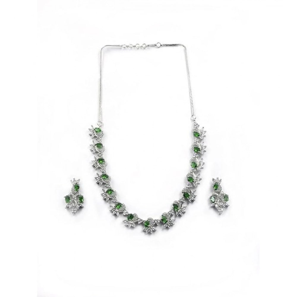 Vaystra Brass Silver Plated Necklace set - Green,