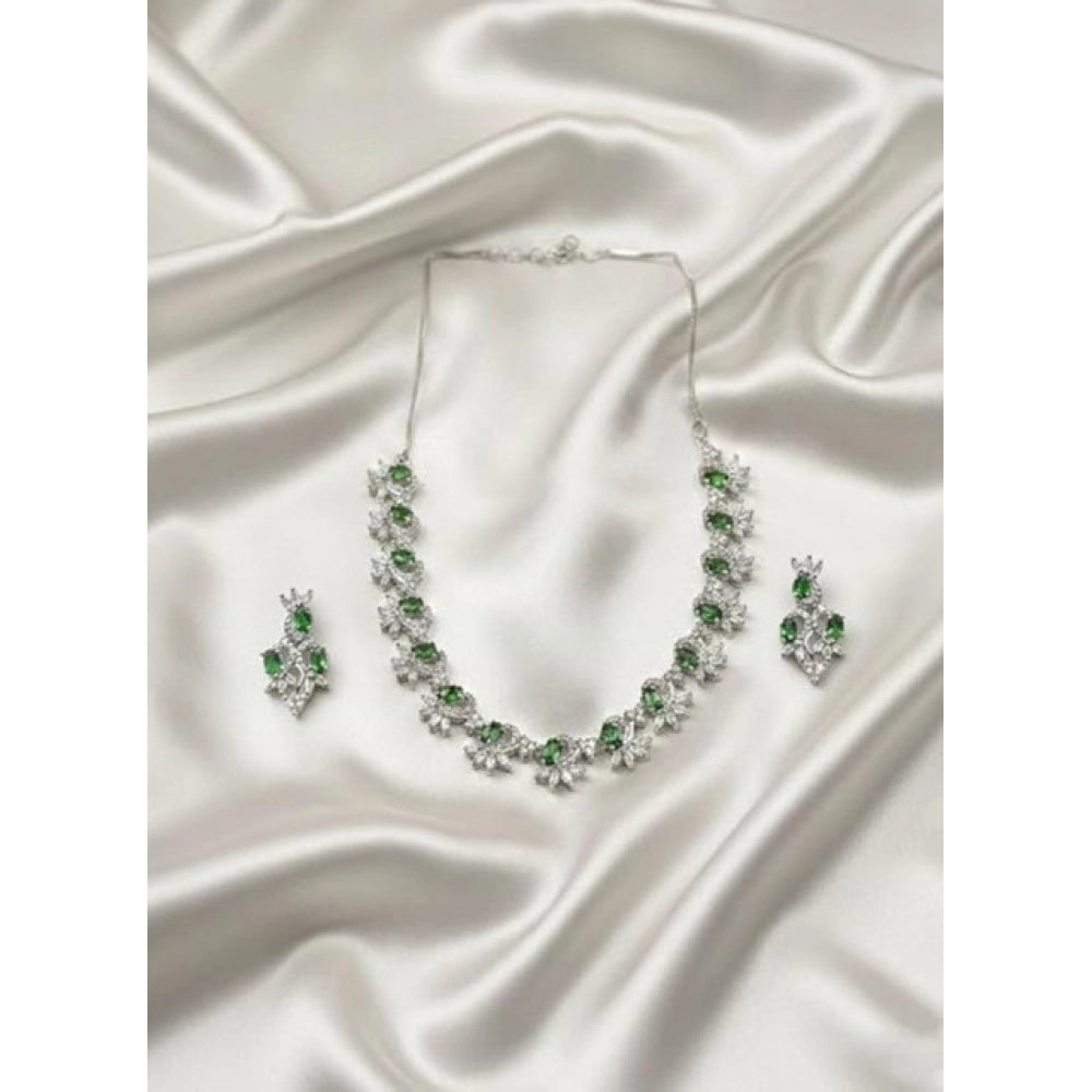 Vaystra Brass Silver Plated Necklace set - Green,