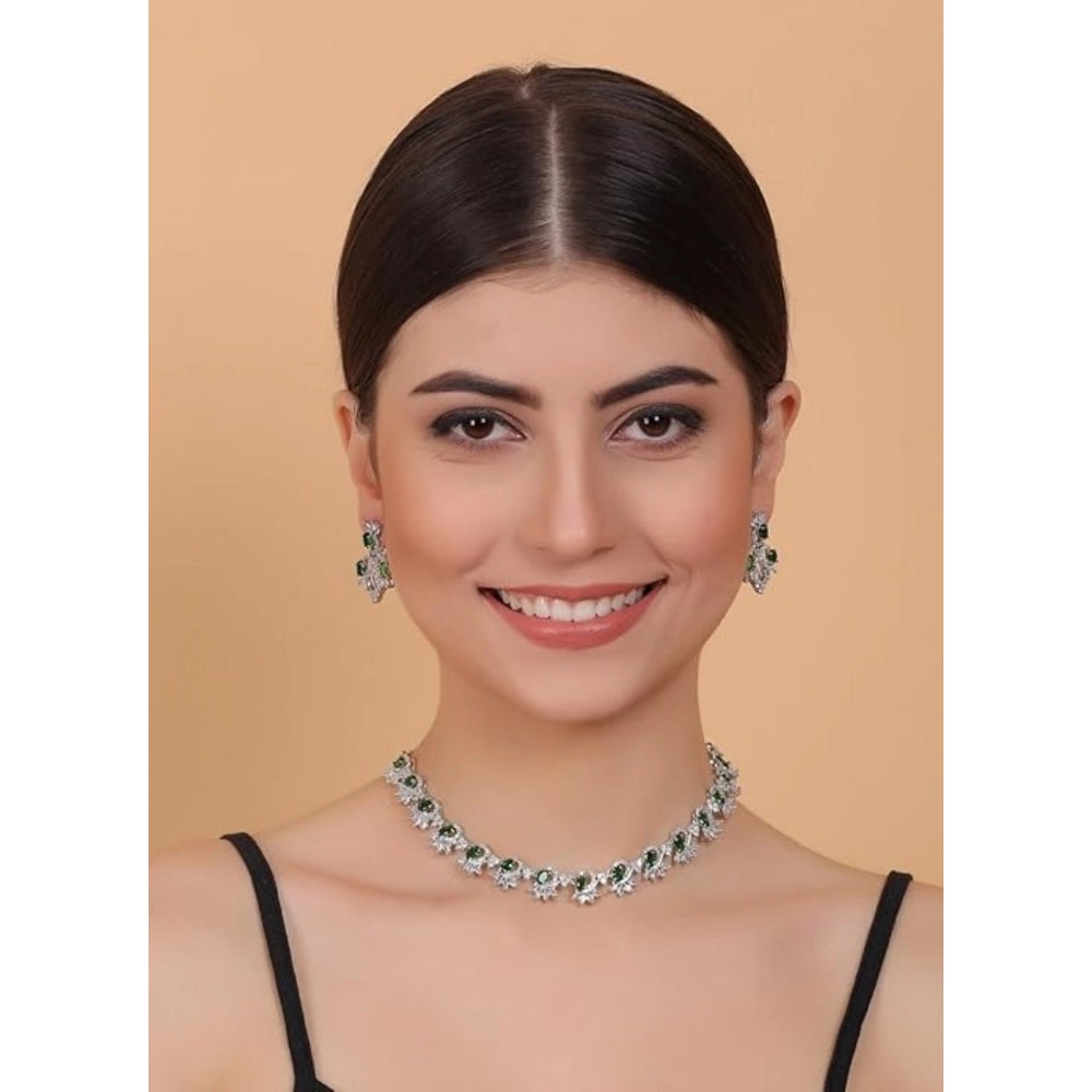 Vaystra Brass Silver Plated Necklace set - Green,