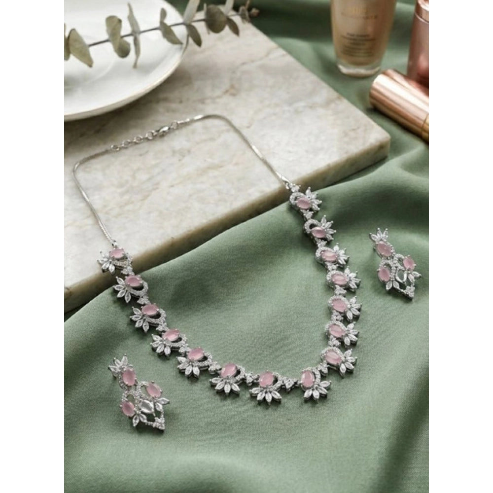 Vaystra Handcrafted Brass Silver Plated Necklace set - Pink, Edition