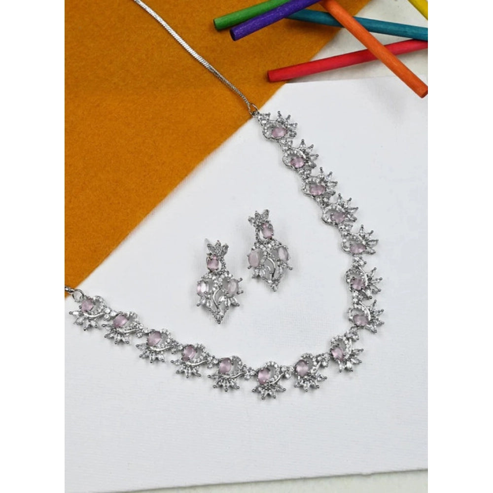 Vaystra Handcrafted Brass Silver Plated Necklace set - Pink, Edition