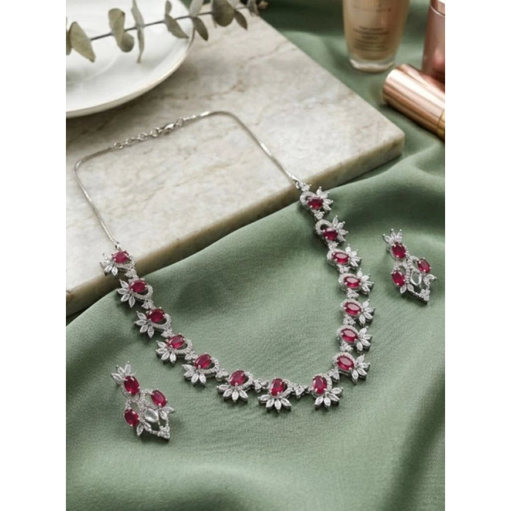 Vaystra Gold Plated Brass Silver Plated Necklace set in Red,